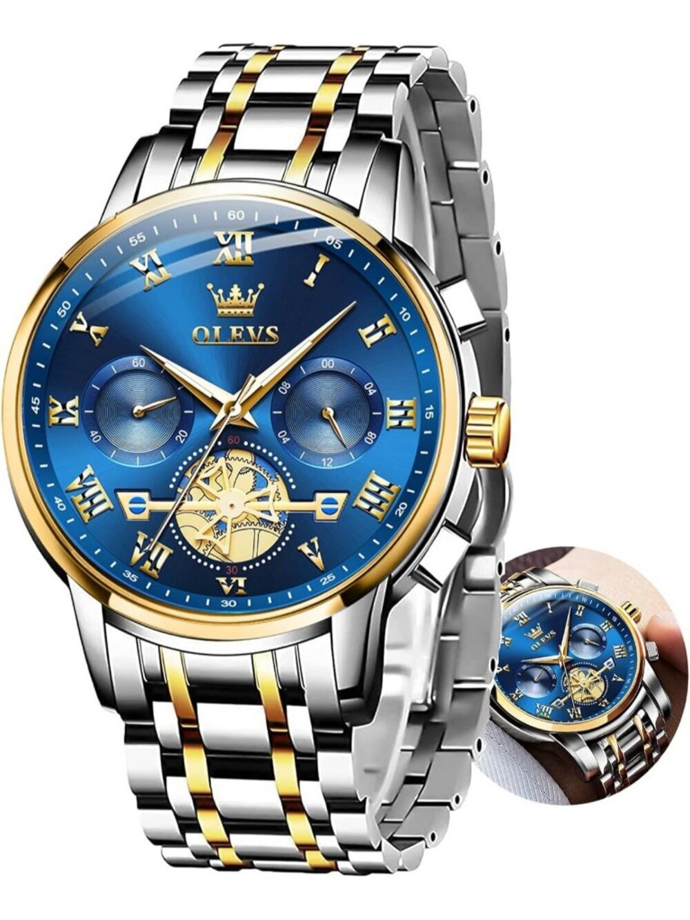 Men's Gold/Blue Luxury Stainless Steel Waterproof Analog Dress Wrist Watch